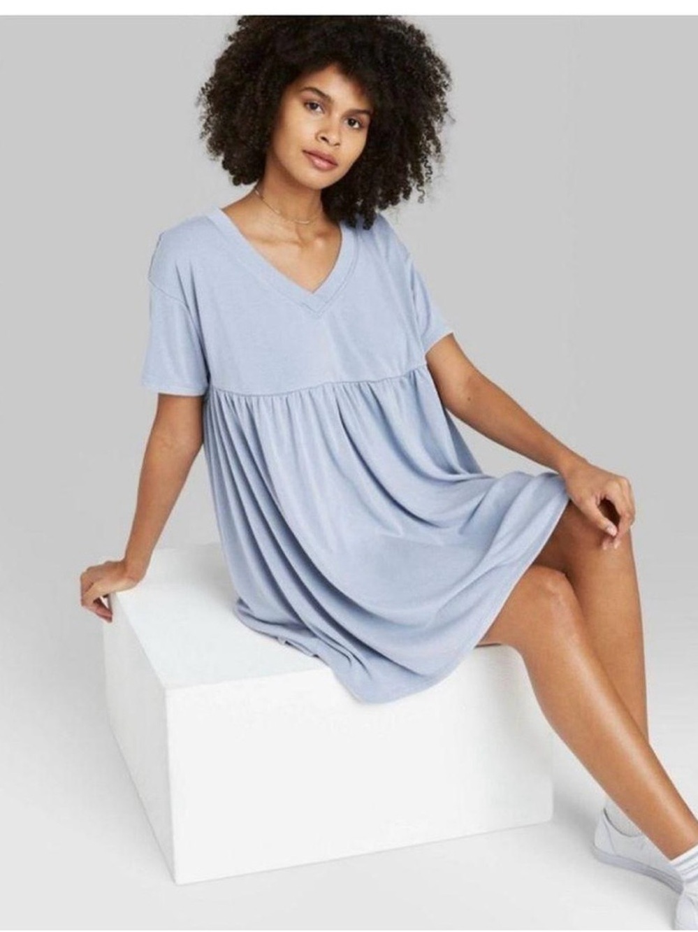 Light Blue V-Neck Babydoll Dress